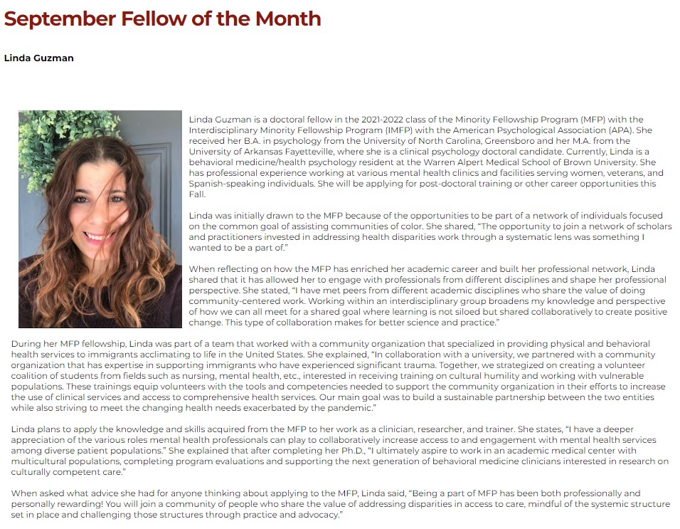 BrownPsychiatry's tweet photo. Congratulations to @BrownClinPsych resident @Guzman_L_E, who was named @samhsagov's Minority Fellowship Program Fellow of the Month! Read more about her experience as an inaugural fellow of the @samhsagov/@APA Interdisciplinary Minority Fellowship Program: https://t.co/4vO9dNK0p5 https://t.co/VH6tCSRDeO