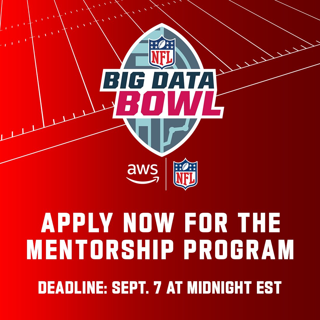 NFLFootballOps's tweet photo. Applications for the @NFL #BigDataBowl Mentorship program close next week! 

Applicants who are accepted will work one-on-one with a mentor to contribute to the football analytics community and have the opportunity to present their work: https://t.co/8tN5uWPcFX https://t.co/QCg5FYNvep
