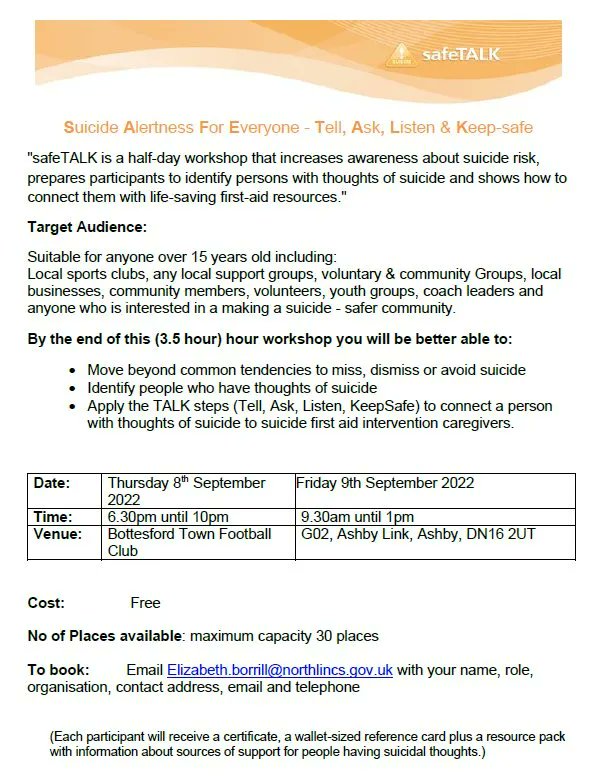 northlincshcp's tweet photo. SafeTALK are launching free half day sessions in North Lincolnshire to promote suicide awareness. Anyone over 15 is welcome to attend the sessions, including local sports groups and businesses. 
 
Please see below for more info⬇️ https://t.co/B0LusoXJrR