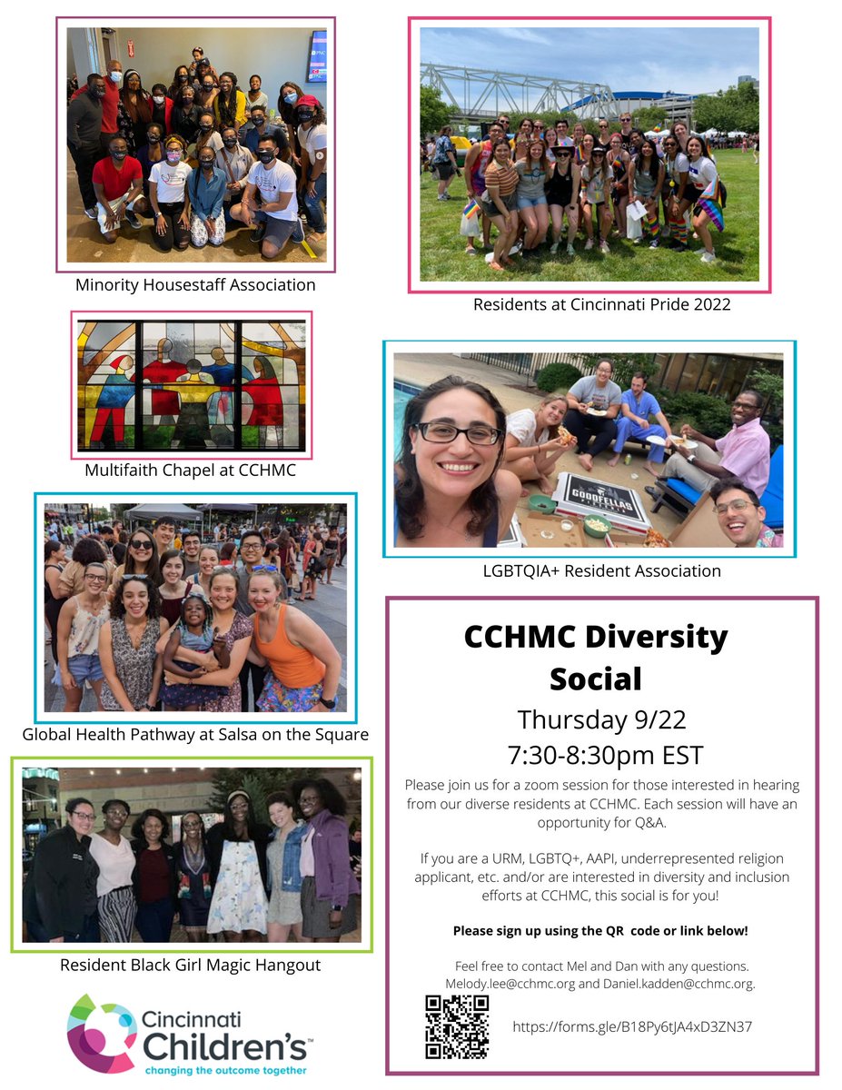 Please join @CincyPedsRes for a virtual Diversity Social Thurs Sept 22 7:30-8:30PM ET. Interview season will be here before you know it & we’re excited to host this session where you can learn all about our program. Sign up here tinyurl.com/cchmcsocial #PedsMatch2023 #MedTwitter