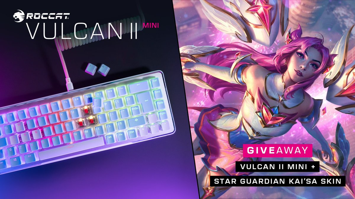 TurtleBeachPC's tweet photo. Today is National No Rhyme (Nor Reason) Day, so we're going to do a giveaway for no reason at all! 😍

You can win our brand new Vulcan II Mini &amp; Star Guardian Kai'Sa skin ⌨️

Simply follow @ROCCAT, like &amp; retweet this post and tell us your favorite League of Legends champion 👇 https://t.co/KW0DxevGJ2