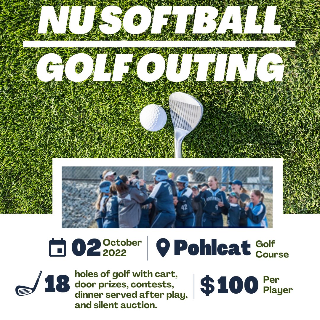 Join us for the 14th annual Northwood Softball Golf Outing! Gather a foursome and play a scramble at Pohlcat Golf Course on October 2nd. Only $100 for 18 holes with a cart, prizes, games, lunch, dinner, a silent auction, and a bunch of FUN! 

For more information, message us!