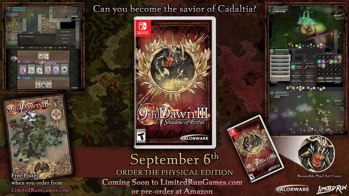 LimitedRunGames's tweet photo. Monsters, cards &amp; a huge open world to explore. 9th Dawn III from @Valorware hits our Distro line next Tuesday for Switch.

LIMITED quantities available via https://t.co/uFFLbeCnQB with free poster included. Pre-orders also coming to Amazon.

Learn More: https://t.co/s4KfOiqdfe https://t.co/VwLGBucBd8