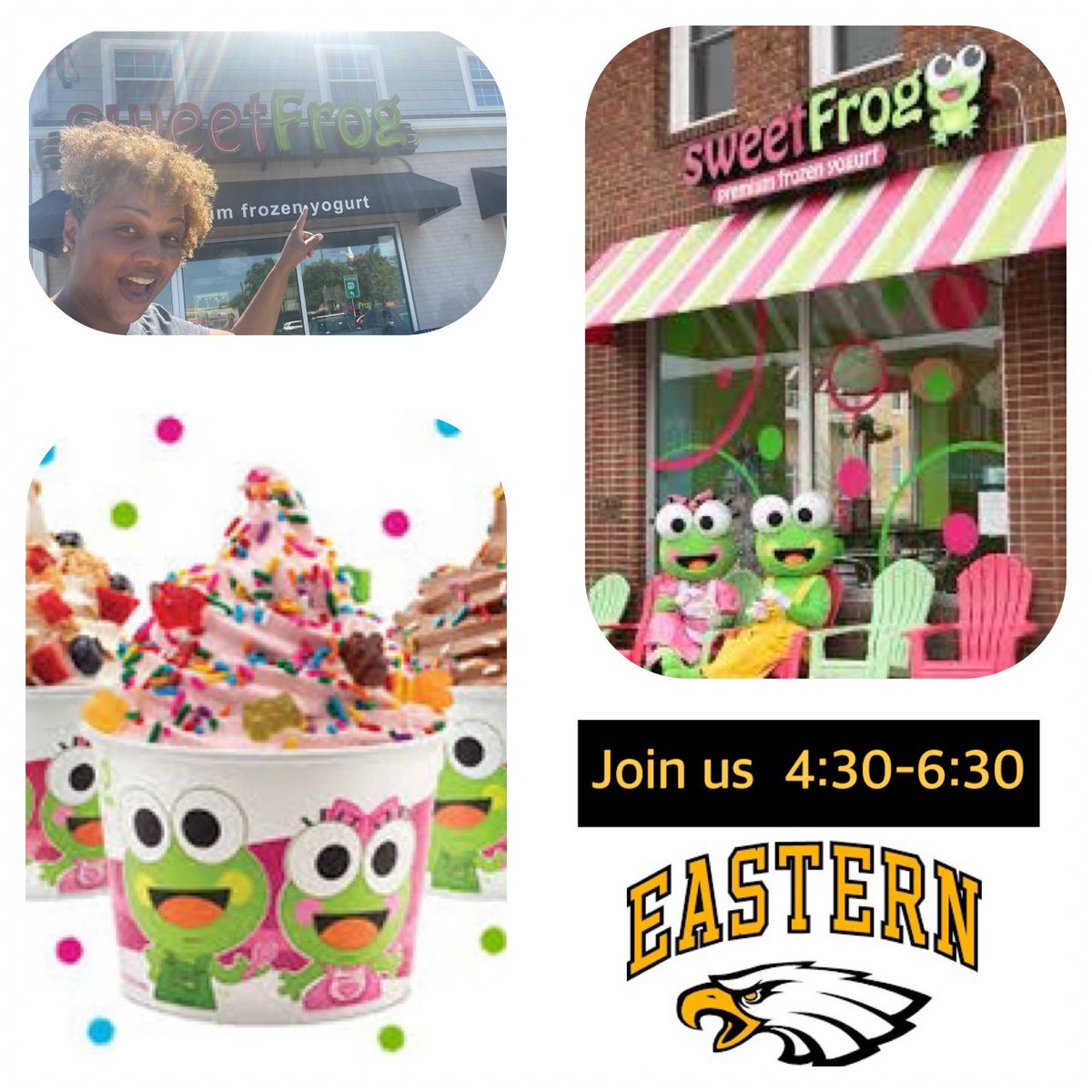EasternMS_Prin's tweet photo. Support #Eaglenation today @ Sweet Frog in 4 Corners, 4:30-6:30! Buy a Fro Yo &amp; mention Eastern MS. Sweet Frog will donate a portion of proceeds to Eastern. What a fun way to close the first week of school &amp; head into Labor Day Weekend! 😋
#EaglenationPTSA
#CommunityPartnerships https://t.co/J0WxzFyu9b