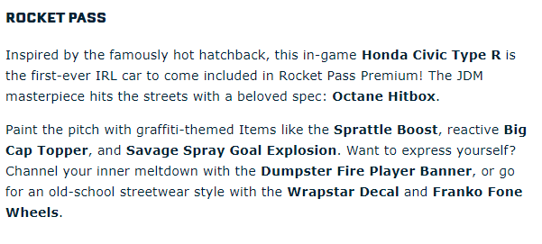 LiquipediaRL's tweet photo. The Honda Civic Type R will be the featured car of Rocket Pass for Season 8! https://t.co/YMxvbcyXyf