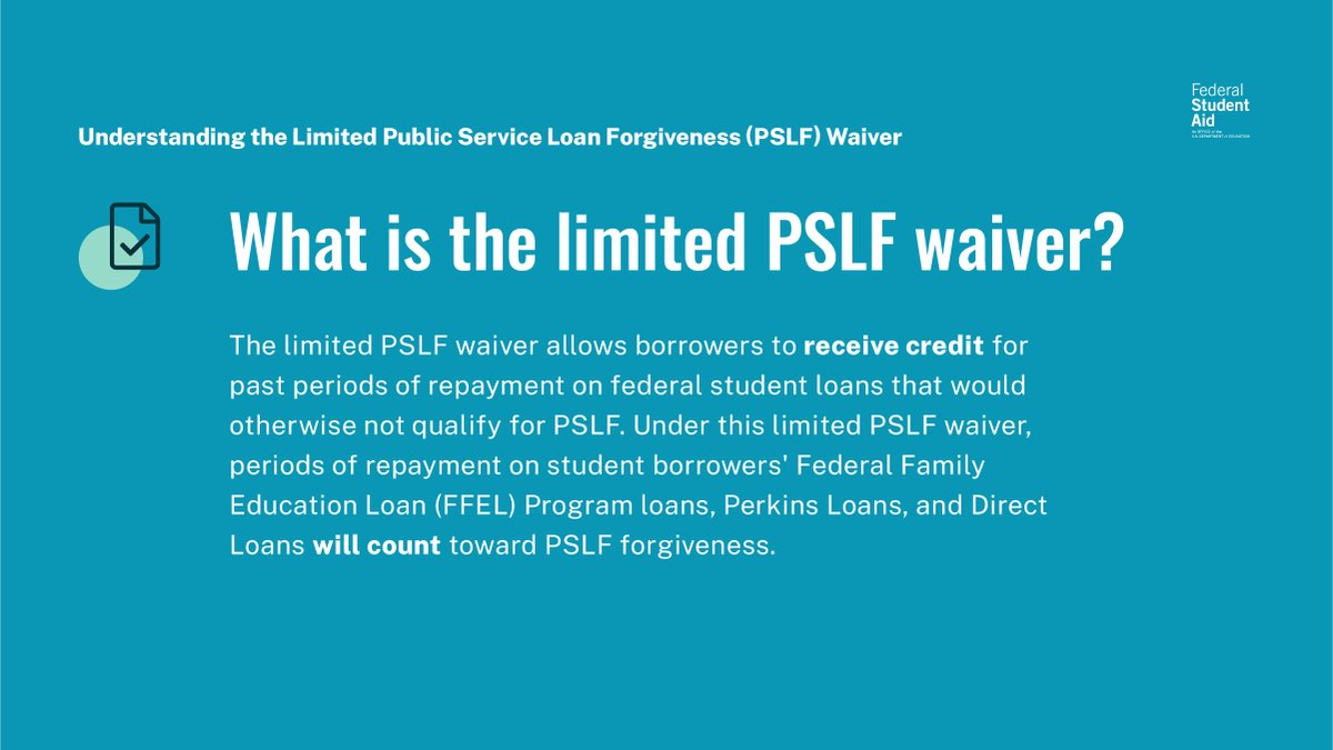 FAFSA's tweet photo. Still have questions about the limited Public Service Loan Forgiveness (PSLF) waiver? We’ve got you covered! Learn everything you need to know, so you can act by Oct. 31: https://t.co/4FminG8JWc https://t.co/xoaHTqKAve