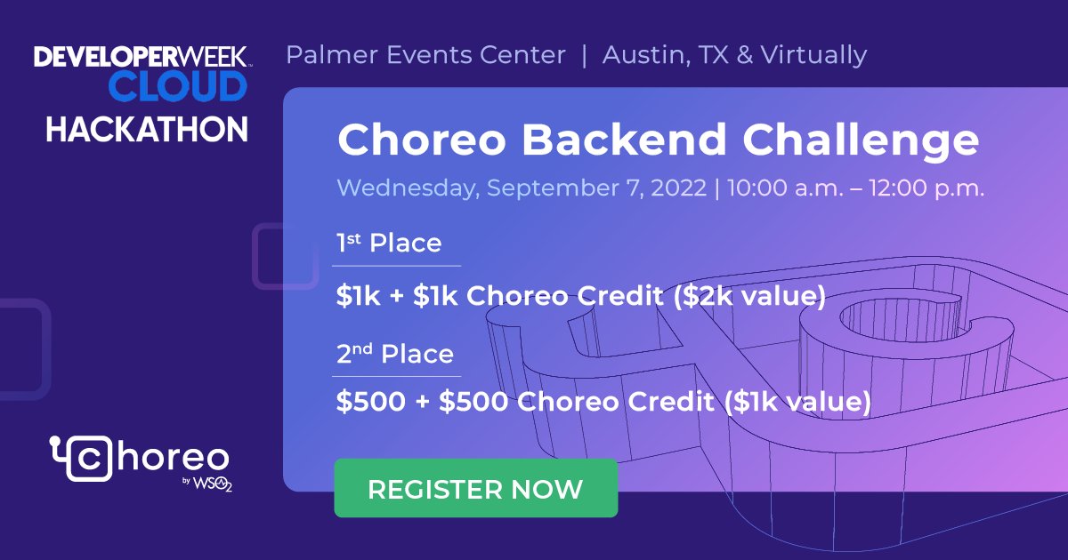 ChoreoDev's tweet image. Come be a part of the Choreo Backend Challenge (in person or virtually) at #DeveloperWeekCloud.
Register today ➡️ bit.ly/3R4dB7K
@DeveloperWeek