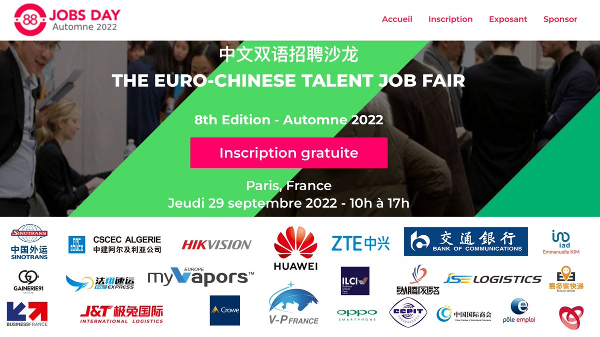 88JOBSfr's tweet photo. 中文双语招聘沙龙 : 华为、中兴、交通银行 HUAWEI, ZTE, BANK OF COMMUNICATION vous attendent à 8eme Salon emploi bilingues chinois - Inscriptions gratuites ici >>> 
https://t.co/iyLsNXBD7I https://t.co/SLUQNmmMPM