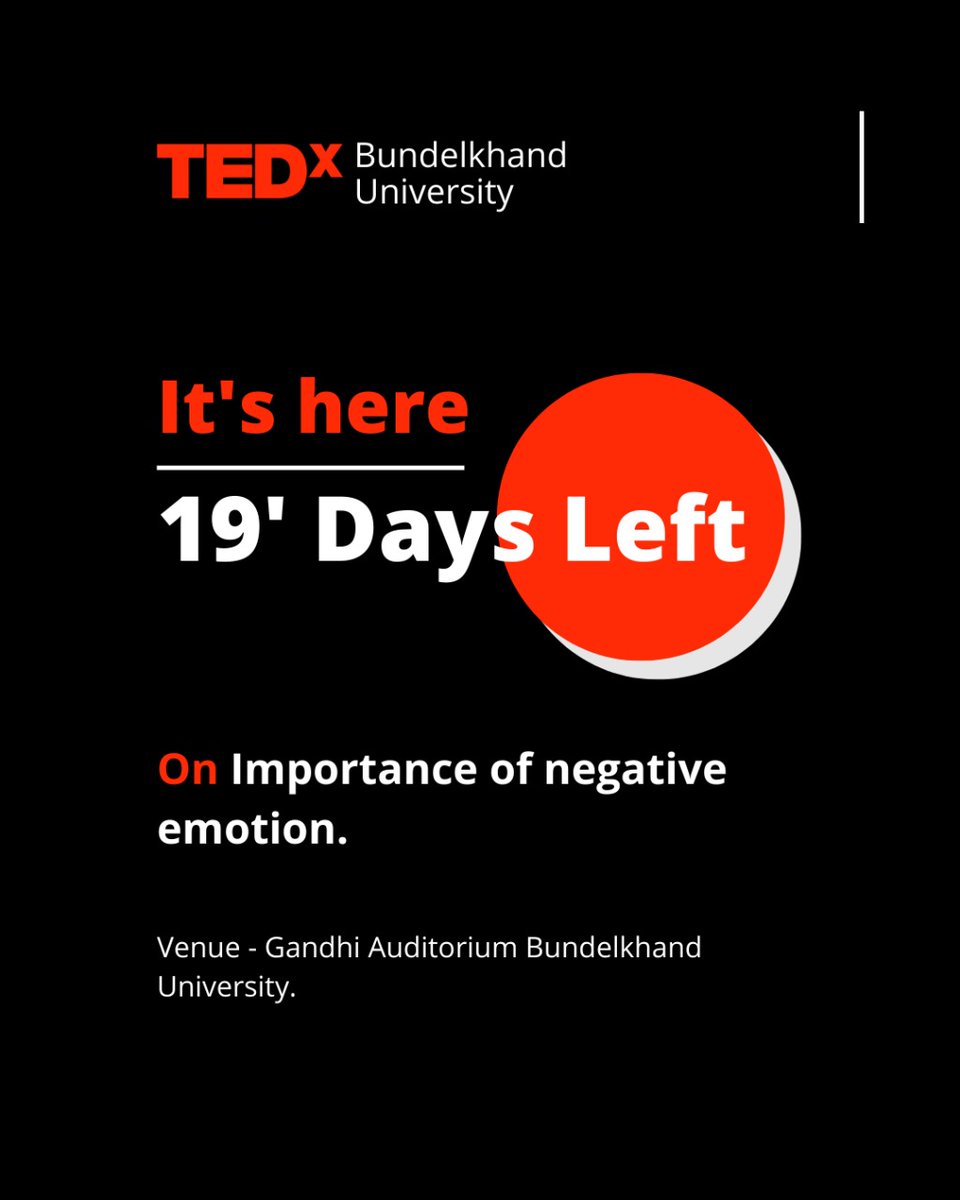 TEDx_BU's tweet photo. Countdown begins
Get ready only 19 days to go.
Tick tock tick tock..........
⏱️
#tedxbundelkhanduniversity https://t.co/zWQgMgNMuS
