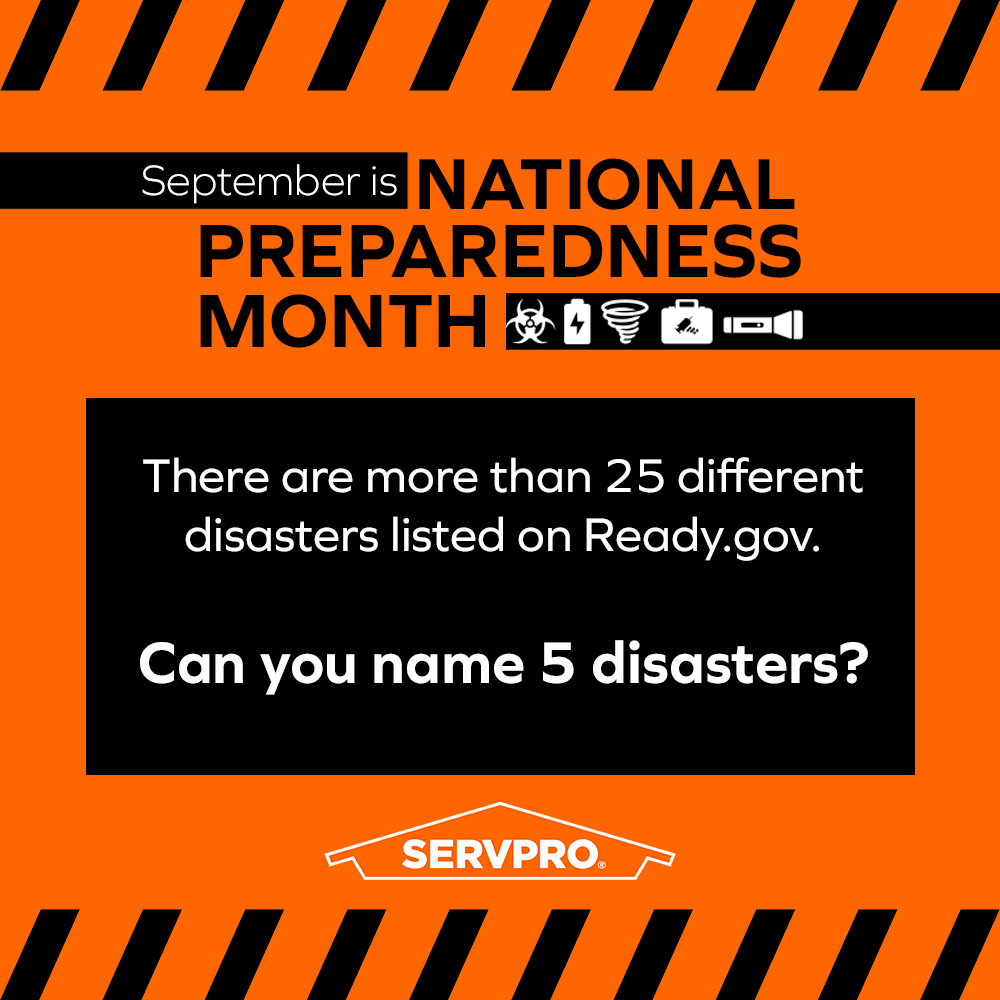Servpro11024's tweet photo. September is National Preparedness Month and https://t.co/gcO3sBysXr lists more than 25 types of disasters to prepare for.

Since SERVPRO is a disaster response leader, we're sharing preparation tips throughout the month. https://t.co/1uw8jiUKxU