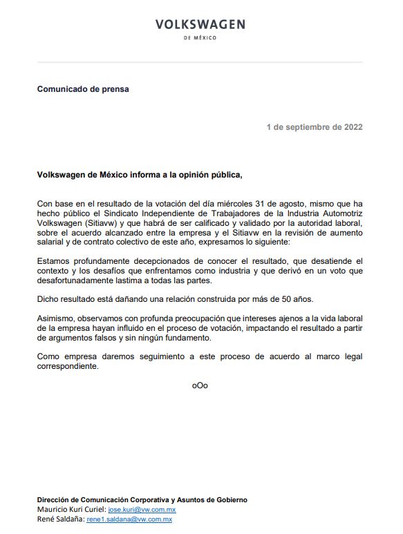 JCarlos_Valerio's tweet photo. #AlMomento || Comunicado de #VW de México respecto al resultado de la consulta entre los trabajadores, quienes rechazaron un incremento global del 11%.  La empresa dice estar decepcionada y que dicho resultado daña una relación construida por más de 50 años. #Puebla https://t.co/RBHPuxbwgT