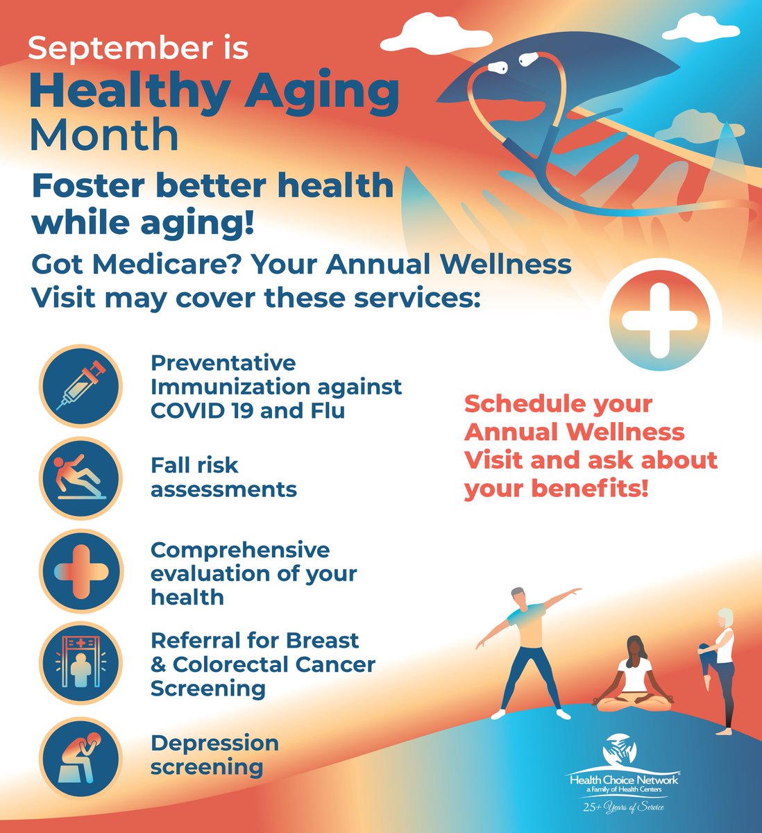 hcnetworkinc's tweet photo. September is #HealthyAging Month! Foster better #health while aging. If you have #Medicare, your annual wellness visit may cover certain services. Schedule your annual wellness visit and ask about your benefits today!
#annualwellnessvisit #health #HCN #HCCNs #HealthObservances https://t.co/gxAme5MUgy