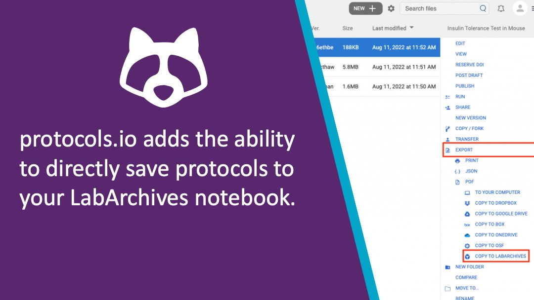 With the new @protocolsIO integration, LabArchives users can export a protocol or the run record of a protocol from protocols.io and save it directly into your LabArchives notebook. To learn more visit: labarchives.com/labarchives-kn…