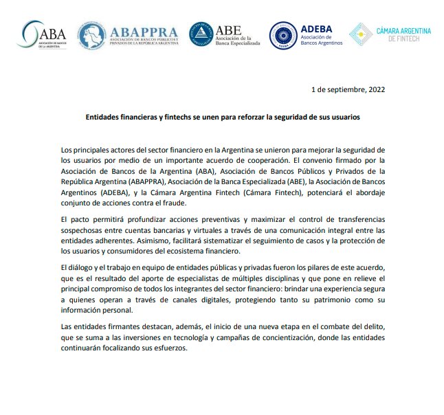 CamaraFintechAr's tweet photo. Importante acuerdo con Asociación de Bancos de la Argentina (ABA), Asociación de Bancos Públicos y Privados de la República Argentina (ABAPPRA), @asociacion_abe y Asociación de Bancos Argentinos (ADEBA) para mejorar la seguridad de los usuarios y evitar el fraude. https://t.co/FdTZ4XG4Fr