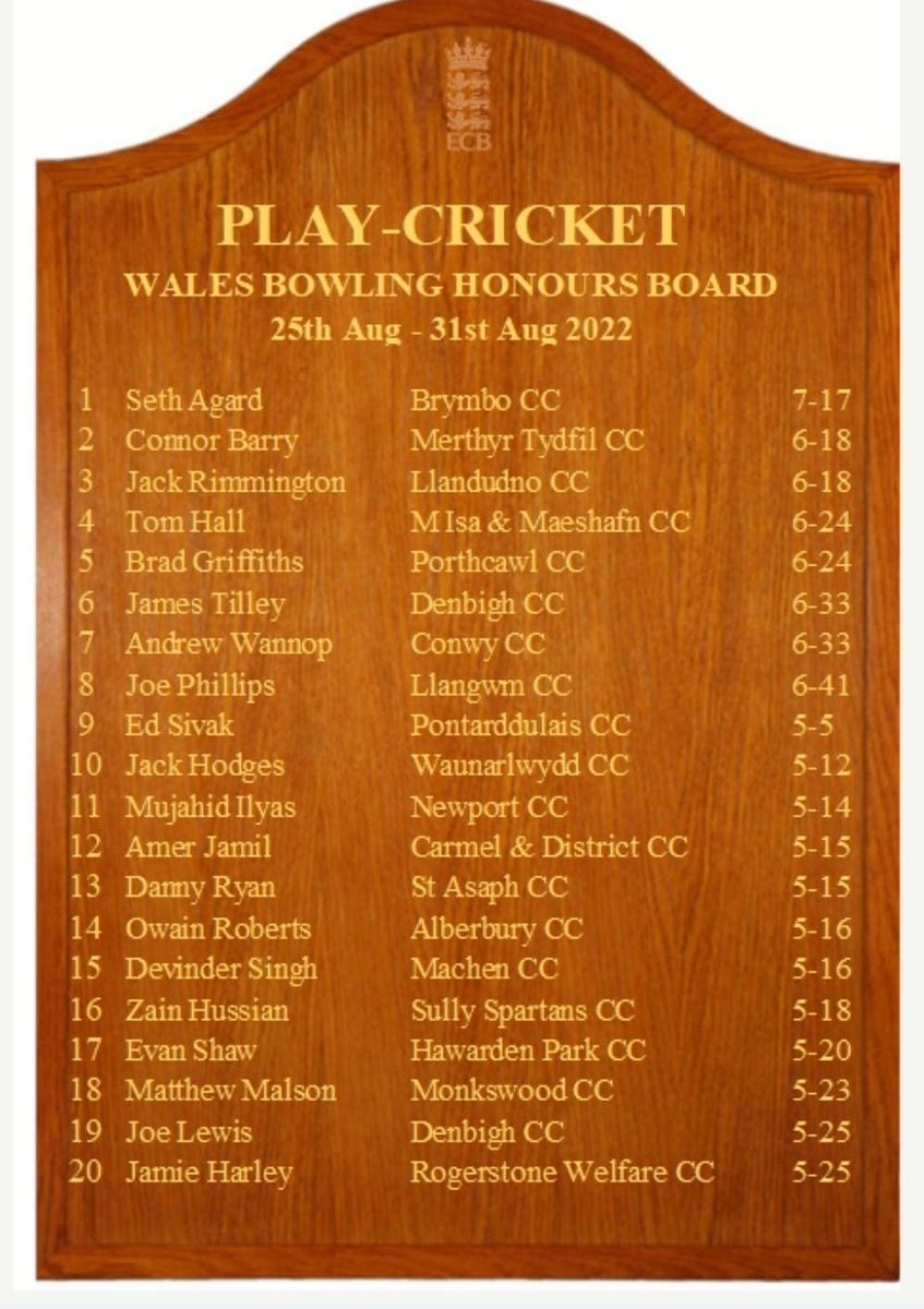 PontarddulaisCC's tweet photo. Congratulations to @edsivak1 on getting on the @CricketWales honours board this week https://t.co/ovVbVdUle5