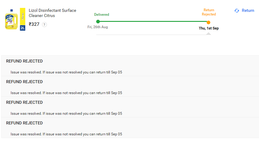 iamkamranh's tweet photo. Received a 500ml Free Pack instead of a 2L pack of Lizol Surface Cleaner from @Flipkart
Every time the @flipkartsupport on call says "this time your return will not be rejected" but the return is being rejected for the forth time straight in a row even after showing valid reason. https://t.co/MvYD6Redt3