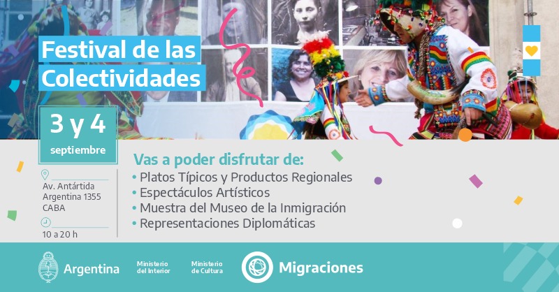 EmbaMexAr's tweet photo. En el #MesDeMéxicoEnArgentina🇲🇽estará presente en el #FestivalDeLasColectividades de @Migraciones_AR
📆 3 y 4 de septiembre
⏰ De 10 a 20h
👉Disfruta de comidas típicas de las colectividades 🌮, compra artículos de distintos países, ve bandas musicales, shows de baile y más🎉 https://t.co/ohyolGTLn1