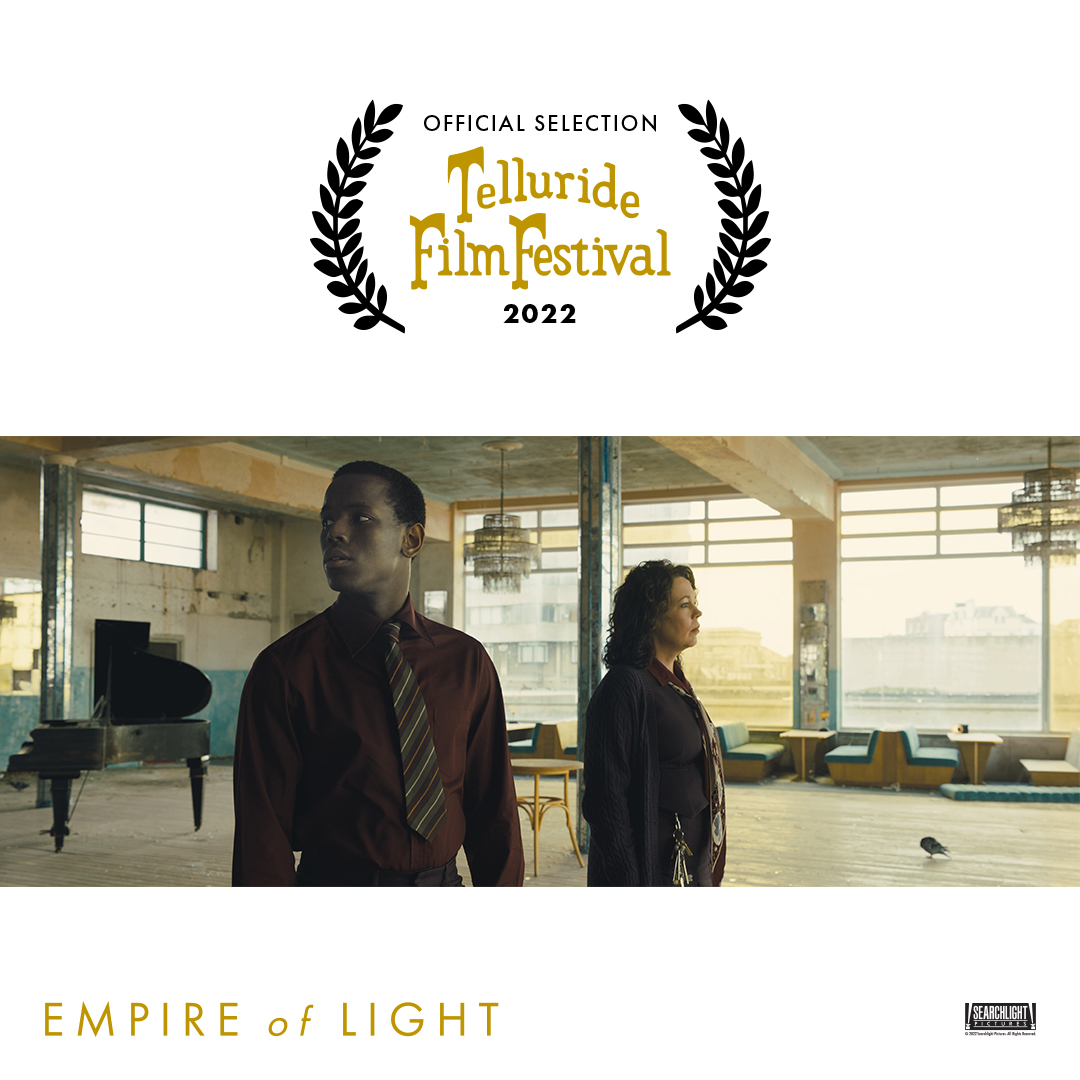 EmpireLightFilm's tweet photo. Telluride Film Festival Official Selection 2022
EMPIRE OF LIGHT
A film by Sam Mendes
Starring Olivia Colman, Micheal Ward, Toby Jones, and Colin Firth https://t.co/IVqTiesMTe