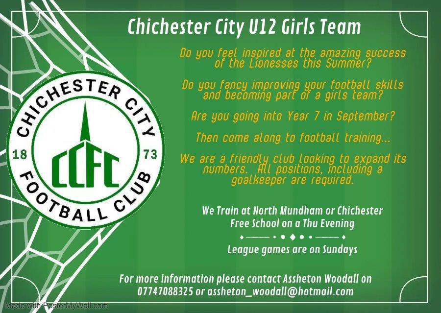 Have you been inspired by the Lionesses this summer? Do you want to improve your football skills and be part of a team?

Chichester City Under-12 Girls team are looking to expand its numbers!

Contact Assheton Woodall on 07747088325 or assheton_woodall@hotmail.com

#UpTheChi 🟢⚪️
