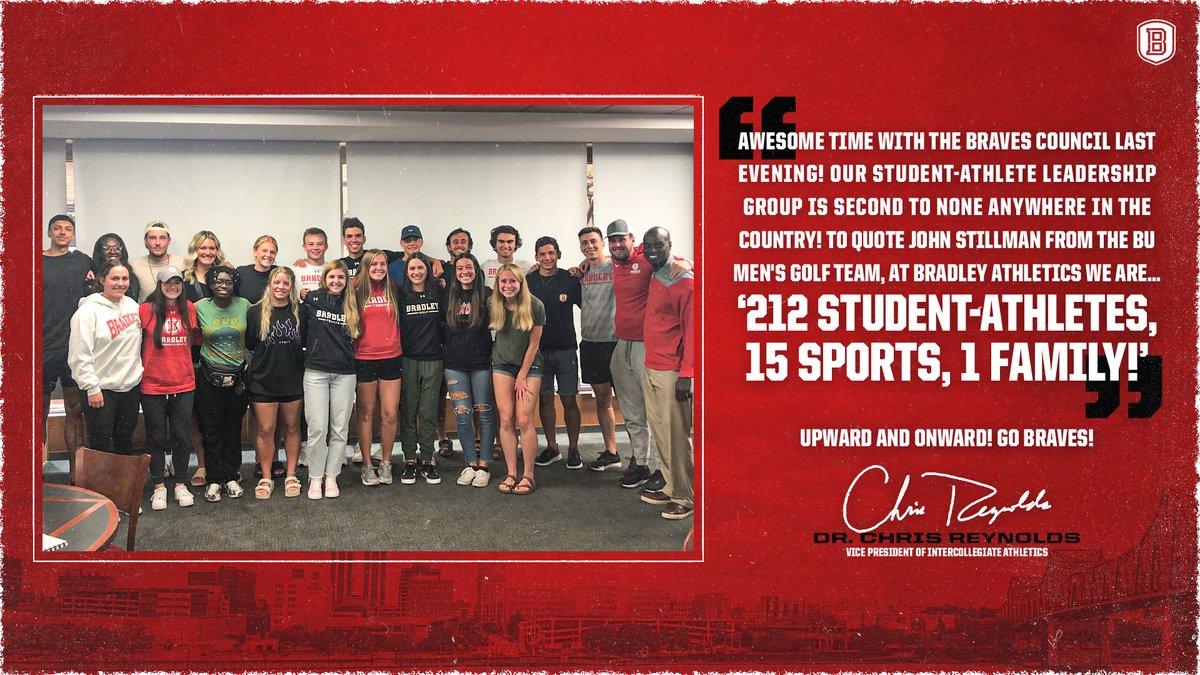 BradleyBraves's tweet photo. "212 Student-Athletes, 15 Sports, 1 Family!"

Dr. Chris Reynolds was excited to meet with @BradleySAAC last night! https://t.co/HTqvI4X1fh