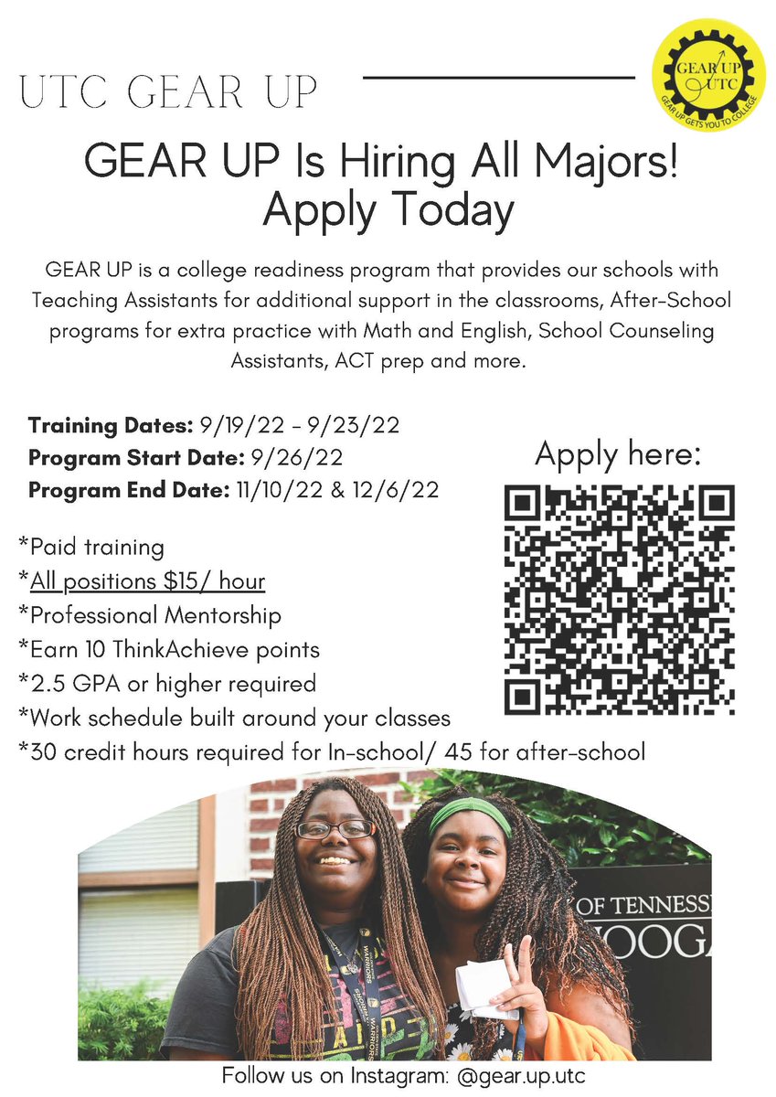 UTC GEAR UP (@gearup_utc) on Twitter photo Hey <a href="/UTChattanooga/">The University of Tennessee at Chattanooga</a> students, GEAR UP is hiring again! We work with students from local high schools to prepare them for college. All positions $15/hour & work around your class schedule. Apply @ utc.edu/health-educati… Hey <a href="/UTChattanooga/">The University of Tennessee at Chattanooga</a> students, GEAR UP is hiring again! We work with students from local high schools to prepare them for college. All positions $15/hour & work around your class schedule. Apply @ utc.edu/health-educati…