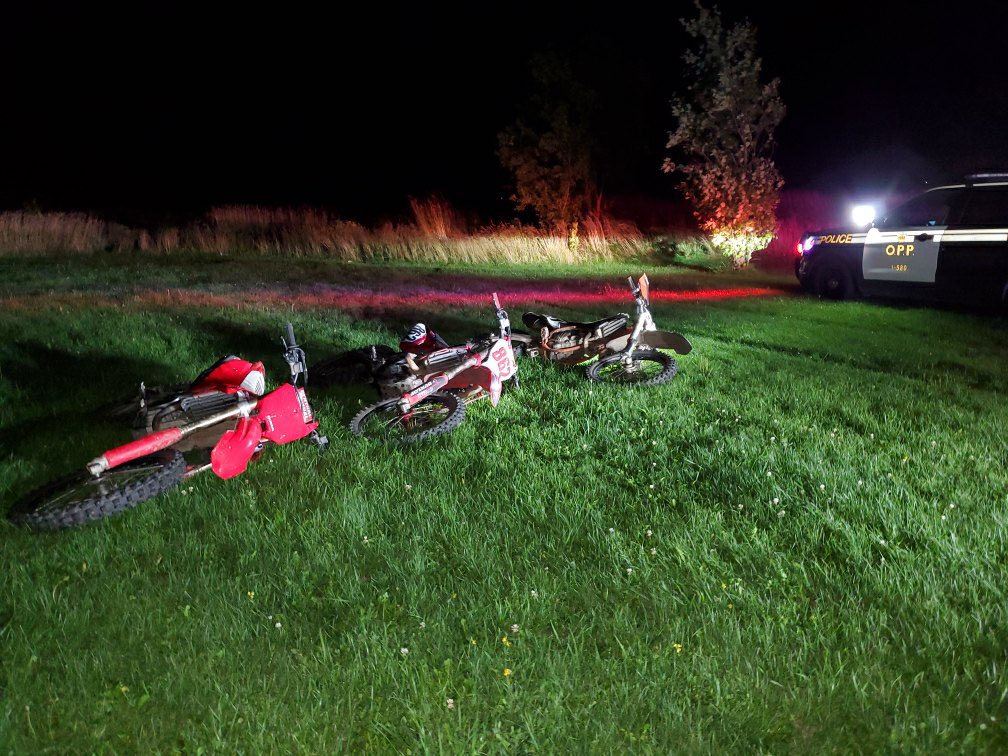 OPP_CR's tweet photo. #HurWOPP are looking to speak with the owners of these dirt bikes in relation to a serious collision. If they belong to you, or you know who owns them please contact Huronia West OPP at 1-888-310-1122. ^en https://t.co/TzYtTqDKPm