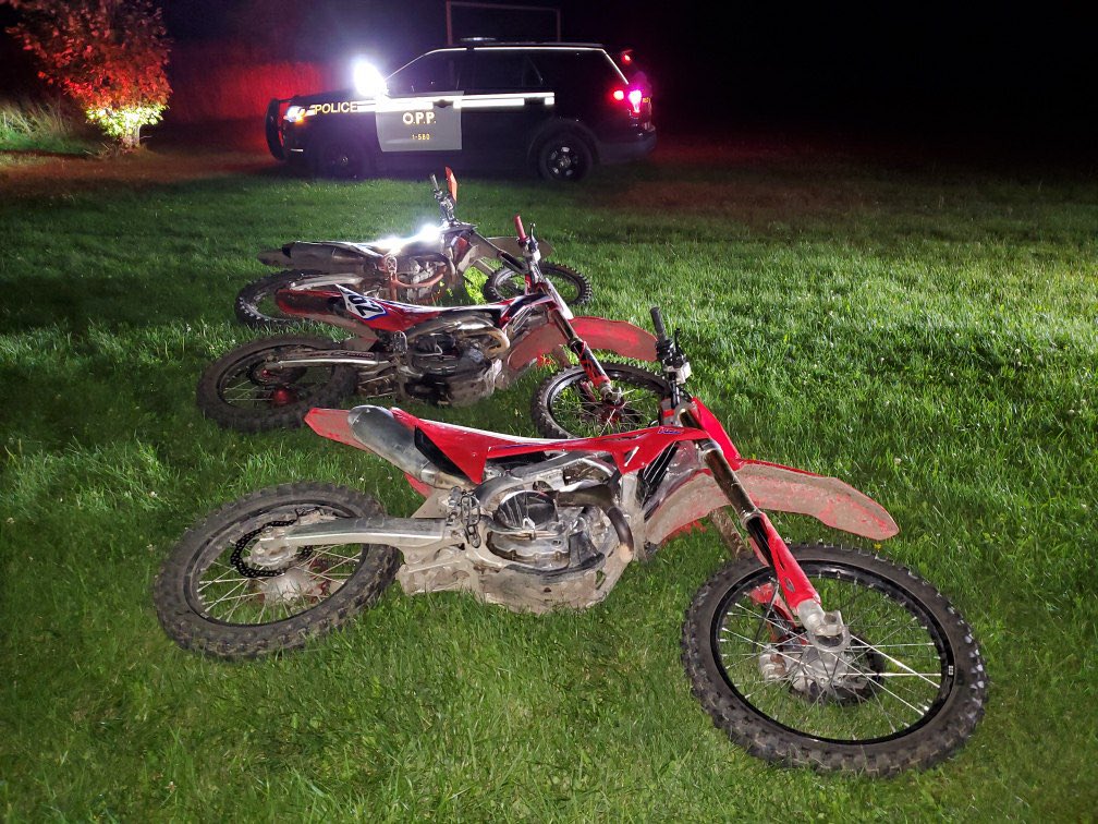 OPP_CR's tweet photo. #HurWOPP are looking to speak with the owners of these dirt bikes in relation to a serious collision. If they belong to you, or you know who owns them please contact Huronia West OPP at 1-888-310-1122. ^en https://t.co/TzYtTqDKPm