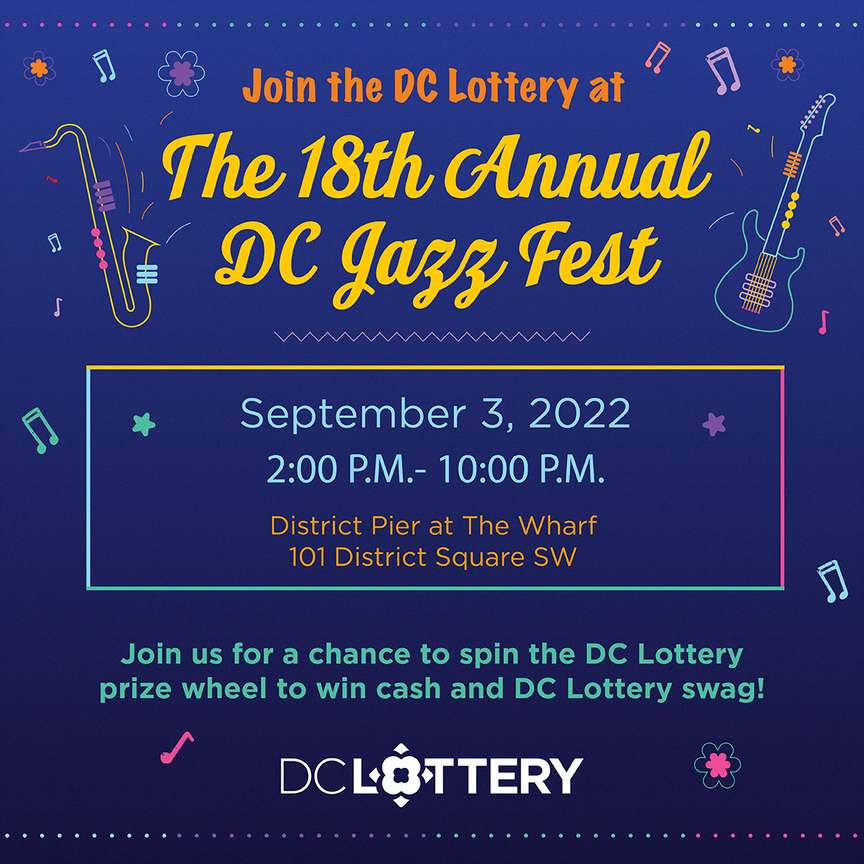 DCLottery's tweet photo. Join us at the 18th Annual Jazz Fest from 2:00 pm to 10:00 pm for a chance to spin the prize wheel!!! #LotsOfPeopleWin #ItsFunToPlay https://t.co/MsNIYQ1myA