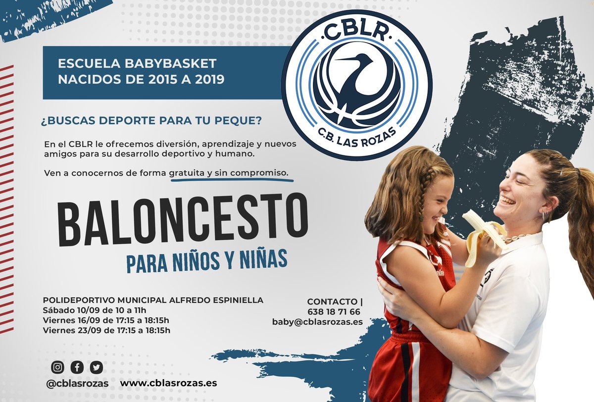 cblasrozas's tweet photo. Si estás buscando un deporte para tu hij@ tenemos el mejor! El baloncesto y el #CBLR le esperan. 

El próximo sábado 10 y los viernes 16 y 23 de septiembre abrimos puertas para que vengáis a conocernos. De forma gratuita y sin compromiso. https://t.co/WjnLtk2KQS