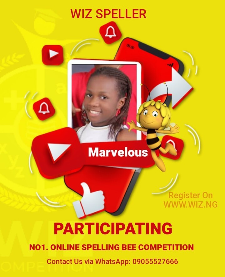 WIZ SPELLING BEE COMPETITION 🐝 2022

Opportunity to challenge your child

Bringing Out The GREATNESS in your children

Positive Engagement
Enroll them on something positive like Wiz, something that will keep them busy and motivate them to develop a k… instagr.am/p/Ch-MGbwtmrV/