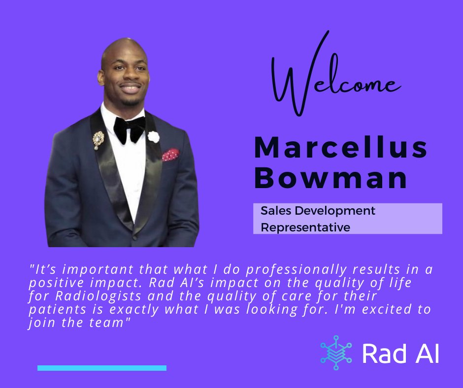 Meet Marcellus Bowman, the newest member of our Rad AI commercial team. Marcellus is joining us from Raleigh, North Carolina, and has extensive experience in commercial sales in the health and fitness industry. 

#NewHire #WelcomeAboard #RemoteWork #JobsinHealthcare #Radiology