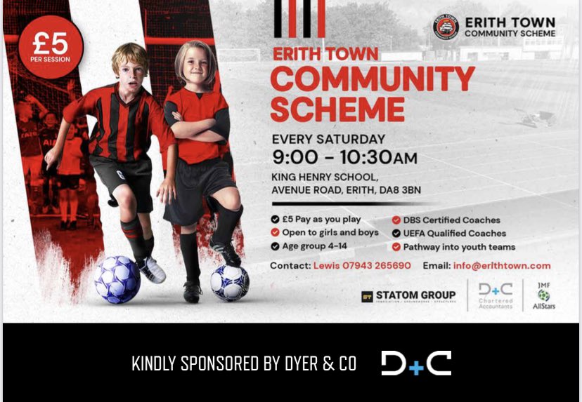 TownScheme's tweet photo. 🔴⚫️⚽️ERITH TOWN SATURDAY SOCCER SCHOOL⚽️⚫️🔴

Don’t forget Erith Town Saturday Soccer School starts this coming weekend Saturday 3rd September🔴⚫️

🏟King Henry Secondary school 
👤Boys and girls aged 4-12
💵£5 pay as you play
⏰9:00am - 10:30am

Kindly sponsored by @dyerandco https://t.co/14qemvQmFQ