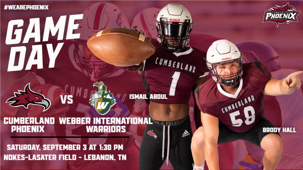GoCUPhoenix's tweet photo. WAKE UP PHOENIX FANS! IT'S CUMBERLAND FOOTBALL GAME DAY 🔥

 📍   Lebanon, Tenn.
🆚 @WebberAthletics 
📺 https://t.co/Z1jMysTurf
📻 https://t.co/2WhlLCvZlW
📊 https://t.co/ucabfFmVsl
🎟️ https://t.co/rOnIDlPzcl

#WeArePhoenix | @CumberlandFB https://t.co/B8GRpgUxmv