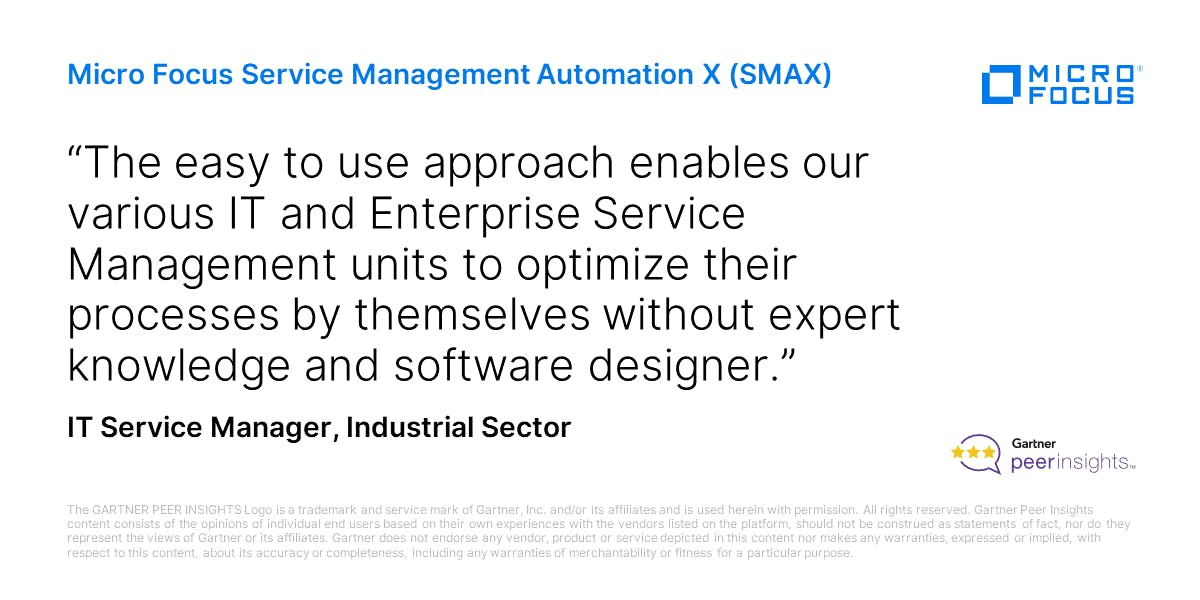 DerekBrittonUK's tweet photo. IT Service Manager in the Industrial Sector gives @MicroFocusService Management Automation X (#SMAX) ★★★★'s on @Gartner_PI #ITSM. Read the full review... #CustomerSuccess #Smaxtember #ITOM #MyCompany https://t.co/YZxu6ETamG https://t.co/1hMVvIBPdP