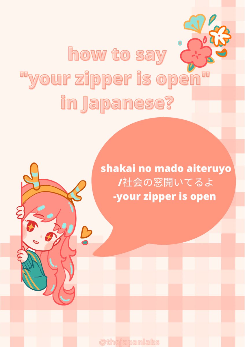 thejapanlabs's tweet photo. how to say " your zipper is open" in Japanese?🙈🤐

shakai no mado aiteruyo/
社会の窓開いてるよ
- your zipper is open

#jangtwt #jlpt #learnjapanese #nihongo https://t.co/PcbJHgrQUH