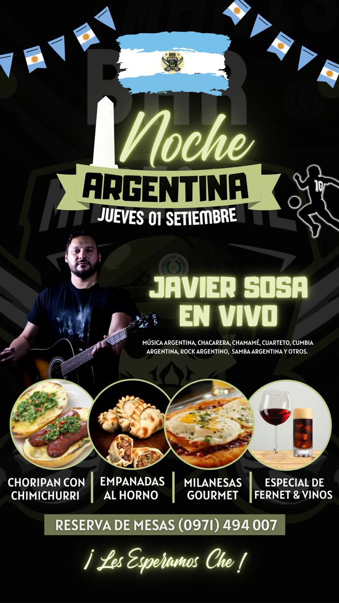BarMariscal's tweet photo. Se recibe Septiembre con buena música Argentina pora el bar 🍻🍻 les esperamos 🙌🏽🇦🇷 https://t.co/vh83J6rKhs
