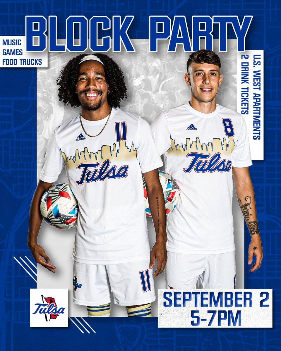 Prior to the Tulsa-Kansas City game, there will be a Block Party for all TU students at US West Apartments from 5:00-7:00 pm. The Block Party will feature a DJ, shaved ice, food trucks, including 200 food tickets for students, two free drink coupons to students over 21 and more!