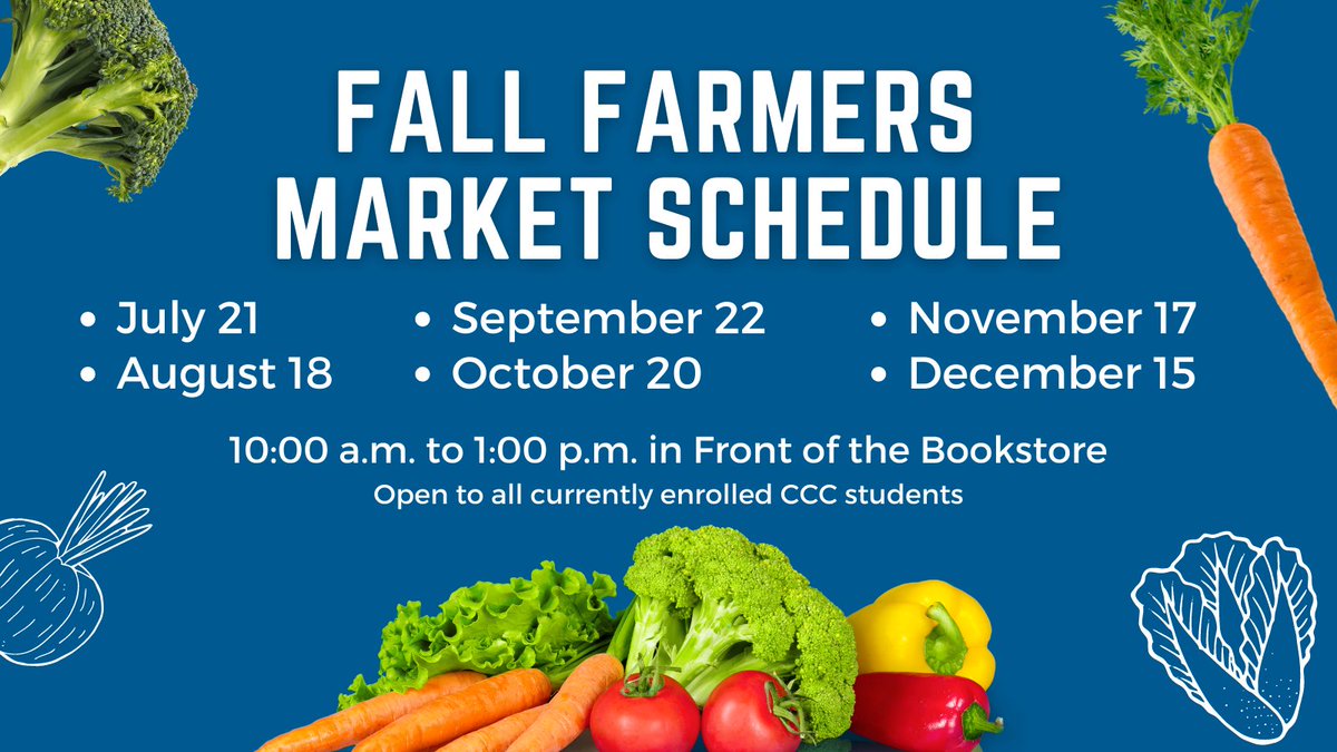 ccc_basicneeds's tweet image. Join us tomorrow from 10:00 a.m. to 1:00 p.m. in front of the Bookstore for a FREE Farmers Market. Open to all currently enrolled Clovis Community College students.