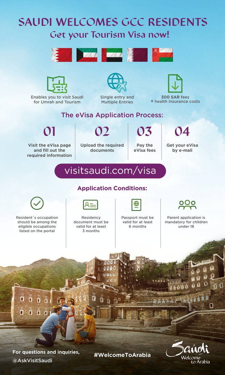#Saudi welcomes GCC residents! 🇰🇼🇶🇦 🇴🇲🇧🇭🇦🇪

Starting from now, anyone living in the GCC can apply for an eVisa online 😍

Are you ready? #Saudi is waiting for you.

#WelcomeToArabia

Apply now:
visitsaudi.com/visa