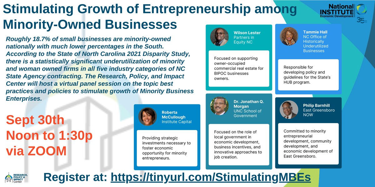 policy_nc's tweet photo. Stimulating Growth of Entrepreneurship among Minority-Owned Businesses Sep 30, 12-1:30 PM. Special focus will be given to  specific policy recommendations and reforms that will stimulate the growth of MBEs.
@NatlInstitute 
https://t.co/QXWfvXBAX0 https://t.co/W1nsx2uXQp