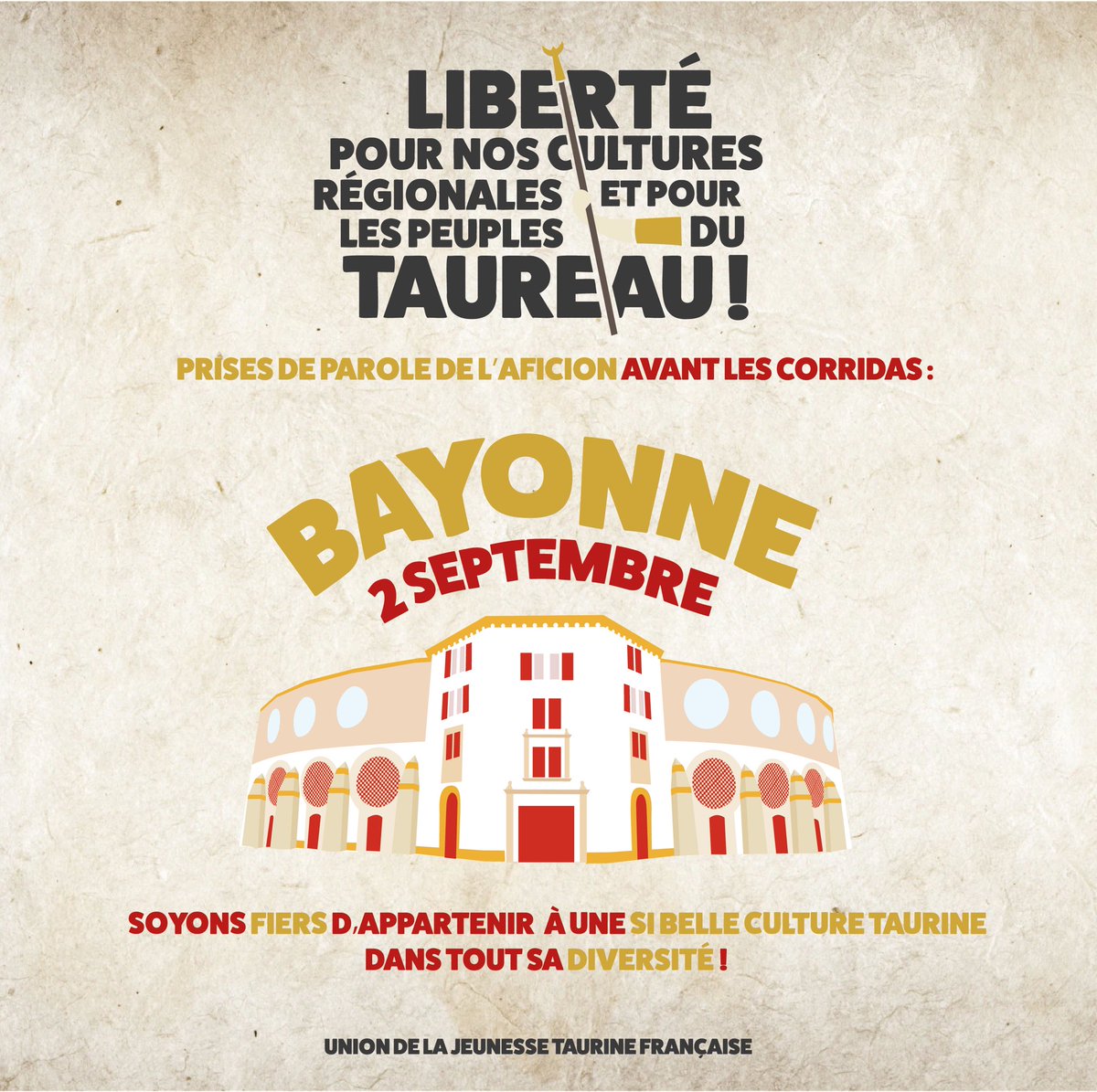 Demain aux arènes de #Bayonne le 1er rassemblement et la première prise de parole de l’aficion avant la #corrida goyesque ! 

En réaction aux attaques ignobles portées à l’encontre de notre liberté &amp; de notre patrimoine culturel, la jeunesse taurine ne se laissera pas bâillonner!