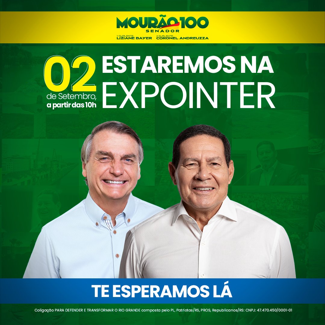 GeneralMourao's tweet photo. Estarei com @jairbolsonaro amanhã, dia 2, na Expointer, em Esteio/RS. O Agro é orgulho do Brasil e do Rio Grande. 🇧🇷🟢🔴🟡🚜🌾🐎

 #éavezdomourão #Vote100 #MourãoSenador ##BolsonaroReeleito https://t.co/E7ufRmmUGA