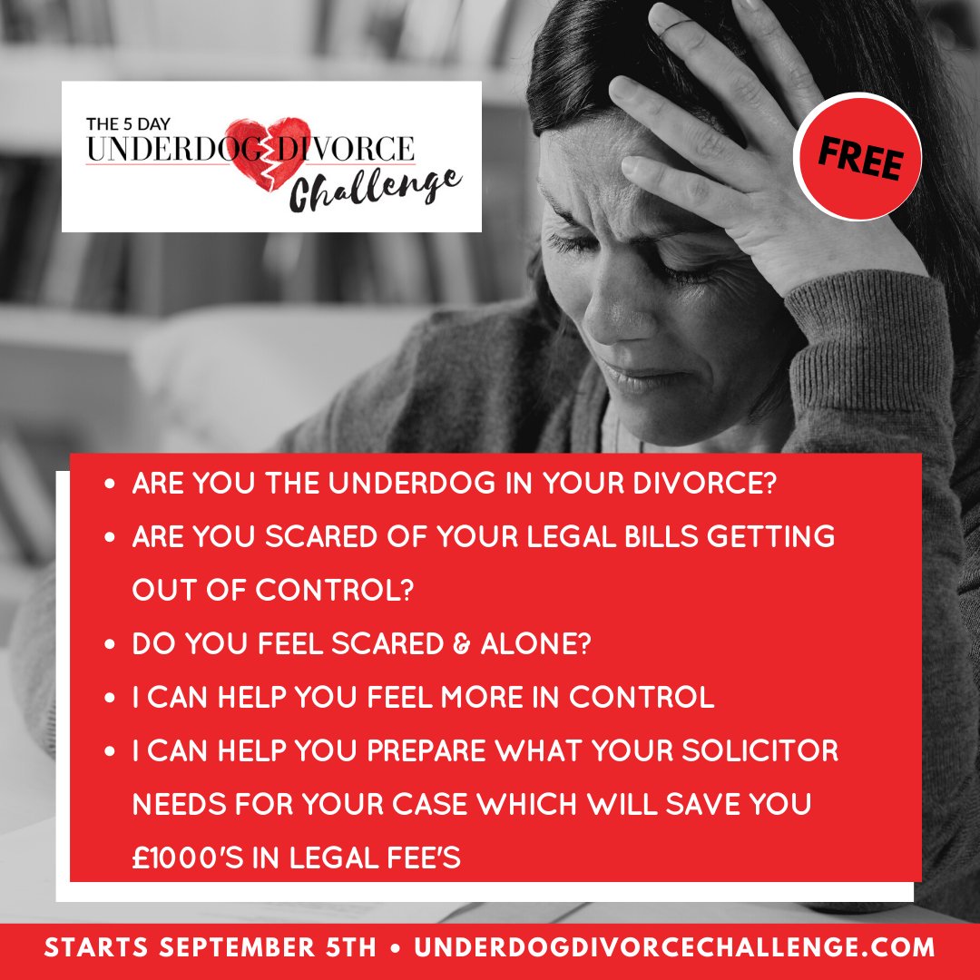 underdogdivorce's tweet photo. Are your divorce costs spiralling and you're terrified of the bills piling in? I'm running a 5 day challenge from Monday, take a look. If you are in need of some help it might just be what you need. 
https://t.co/Mhh5fl3G71
#divorcechallenge #divorce #helpinghand #divorceishard https://t.co/daa5WEFebu