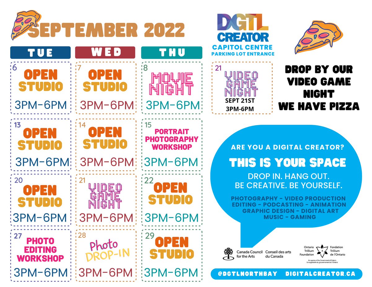 Check out all the free programming planned at our North Bay Digital Creator space for September 2022!! Visit digitalcreator.ca/register/ now to learn more and register so you can participate in all of our future events! #DigitalCreatorNorth #NorthBay #FreeProgramming