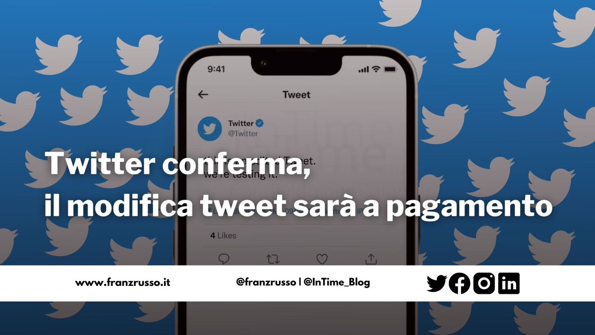 franzrusso's tweet photo. #Twitter, dopo anni di tira e molla, conferma l’introduzione del #modificatweet. Per ora in fase di test, sarà disponibile entro poche settimane all’interno dell’app a pagamento Twitter Blue.
https://t.co/jJdeDG5Yof
#socialmedia https://t.co/b4eGtGNAe9