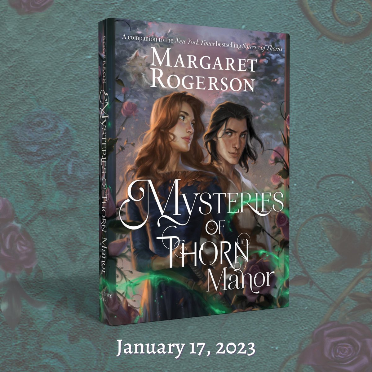 Cover reveal alert! We are excited to share the cover for @MarRogerson's #MysteriesOfThornManor, a follow-up novella to #SorceryOfThorns, illustrated by @charliebowater! spr.ly/6010MJ03g