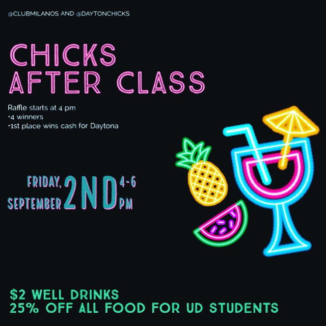 clubmilanos's tweet photo. Don't forget about Chicks after class tomorrow! 4 prizes. 1st place wins cash to go to Daytona! $2 wells. 25% off food. Sounds like a win to us! https://t.co/KHuq0K9qOD