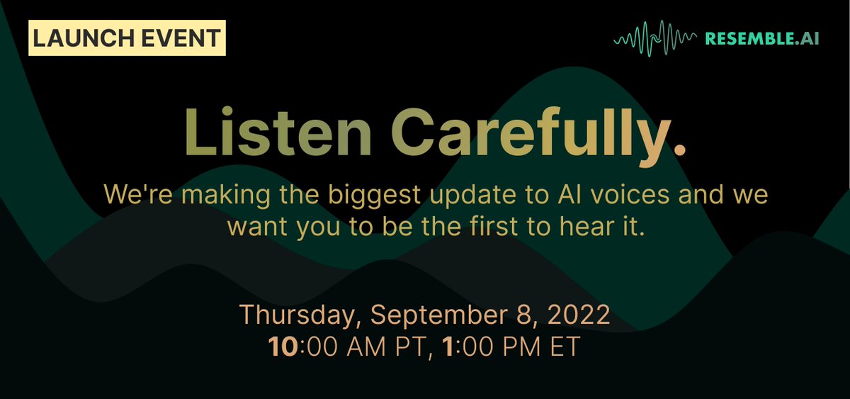 resembleai's tweet photo. It’s time to give up subpar AI Voices.
On September 8th, we’ll unveil our biggest update ever. A completely transformative way to create speech content.
Register below to join our launch event and be among the first to hear it live.
https://t.co/4a8cHMQ1gf
#AIVoice #ResembleAI https://t.co/BI52DK6tqu