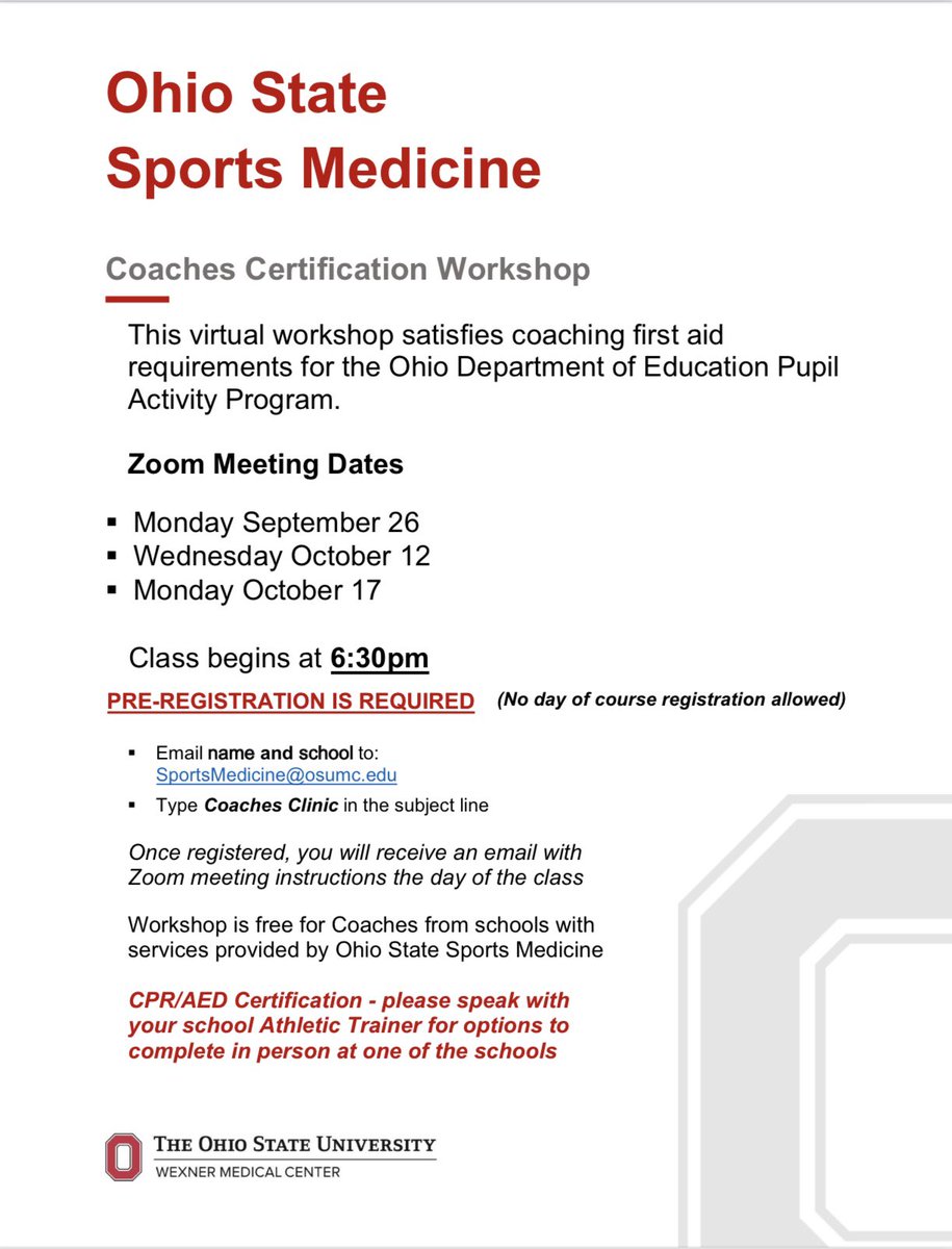 OHS Coaches: here are the next round of PAP workshop dates. Make sure to have your certifications up to date prior to the start of winter sports season! <a href="/OHSathletics/">OHS Athletics</a>
