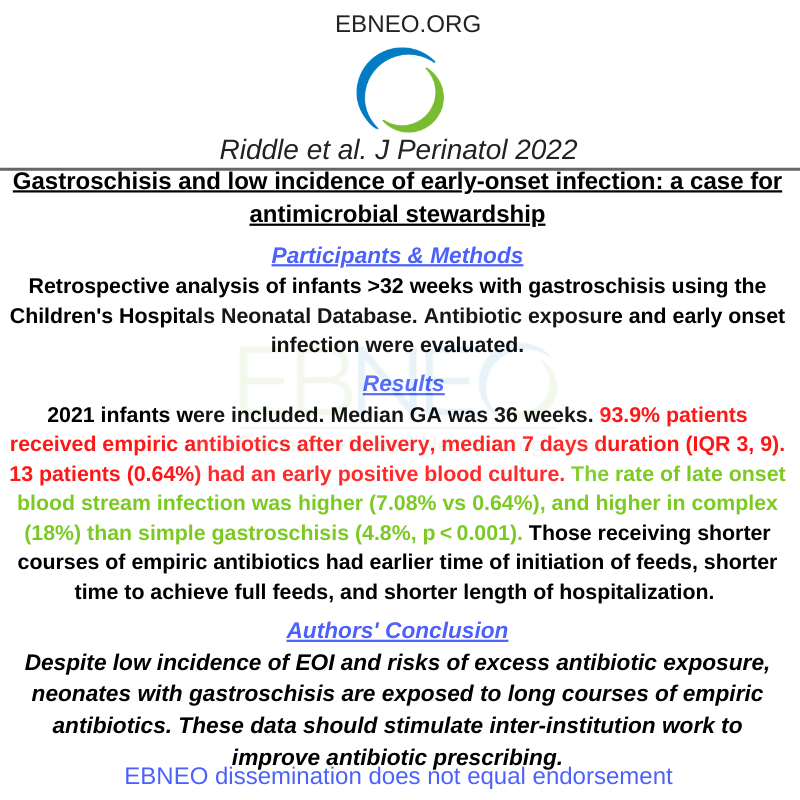 New study in <a href="/JPerinatology/">Journal of Perinatology</a> by Riddle et al. describes the incidence of early onset infection and prolonged antibiotic exposure in infants with gastroschisis, using the <a href="/NeoConsortium/">CHNC</a> database. Full text: ow.ly/8FcE50Ky8nT #EBNEOalerts #neoEBM #neotwitter